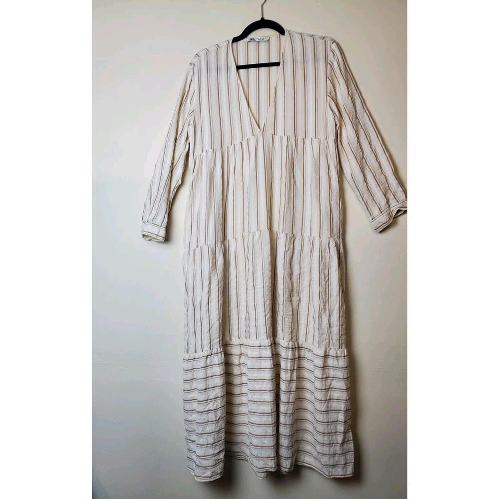SOLD Zara Small Women White Maxi Dress Tiered Long Bohemian Striped Romantic - Picture 3 of 15